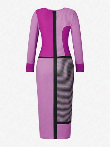 Women's Striped Asymmetric Collar Long Sleeve Bodycon Dress