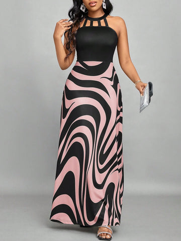Women's Summer Elegant Dress With Wave Pattern Print And Hollow Out Design