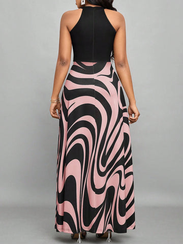 Women's Summer Elegant Dress With Wave Pattern Print And Hollow Out Design