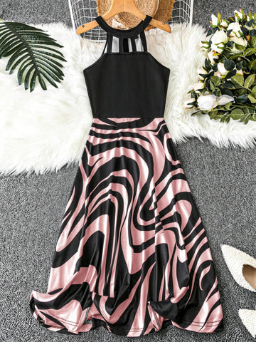 Women's Summer Elegant Dress With Wave Pattern Print And Hollow Out Design