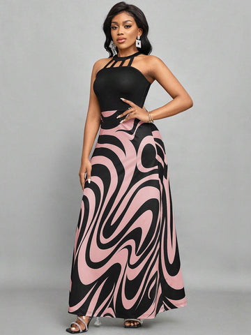 Women's Summer Elegant Dress With Wave Pattern Print And Hollow Out Design