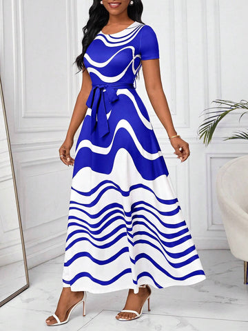 Women's Summer Elegant Round Neck Short Sleeve Long Striped Printed Dress With Wave Pattern