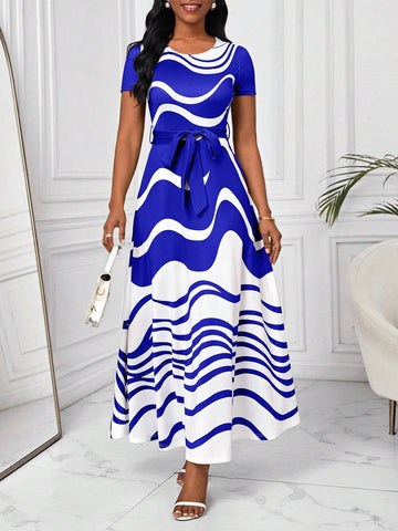 Women's Summer Elegant Round Neck Short Sleeve Long Striped Printed Dress With Wave Pattern