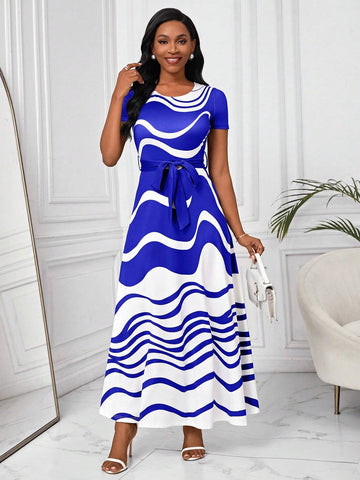Women's Summer Elegant Round Neck Short Sleeve Long Striped Printed Dress With Wave Pattern