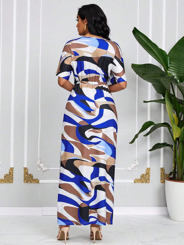 Women's Summer Fashion Color-Block Printed Drawstring Waist High Slit Dress