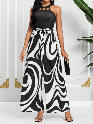 Women's Summer Fashion Colorblock Printed Halter Wide Leg Jumpsuit With Tie Waist