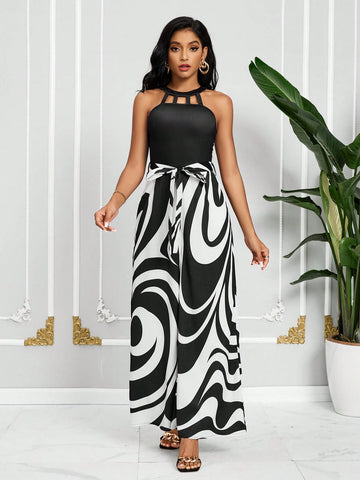 Women's Summer Fashion Colorblock Printed Halter Wide Leg Jumpsuit With Tie Waist