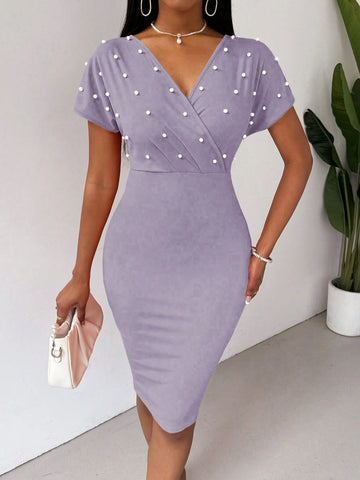 Women's Summer Faux Pearl Embellished V-Neck Slim Elegant Dress