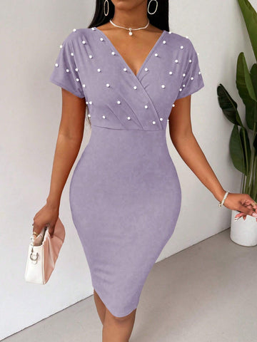 Women's Summer Faux Pearl Embellished V-Neck Slim Elegant Dress