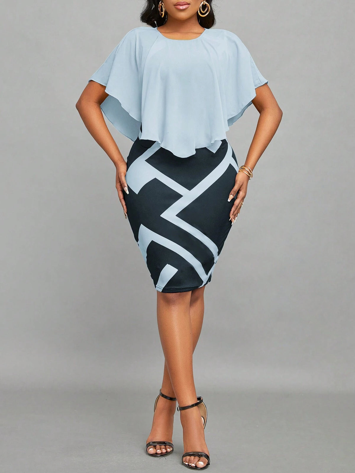 Women's Summer Geometric Printed Round Neck Patchwork Slim Elegant Dress With Ruffle Trim