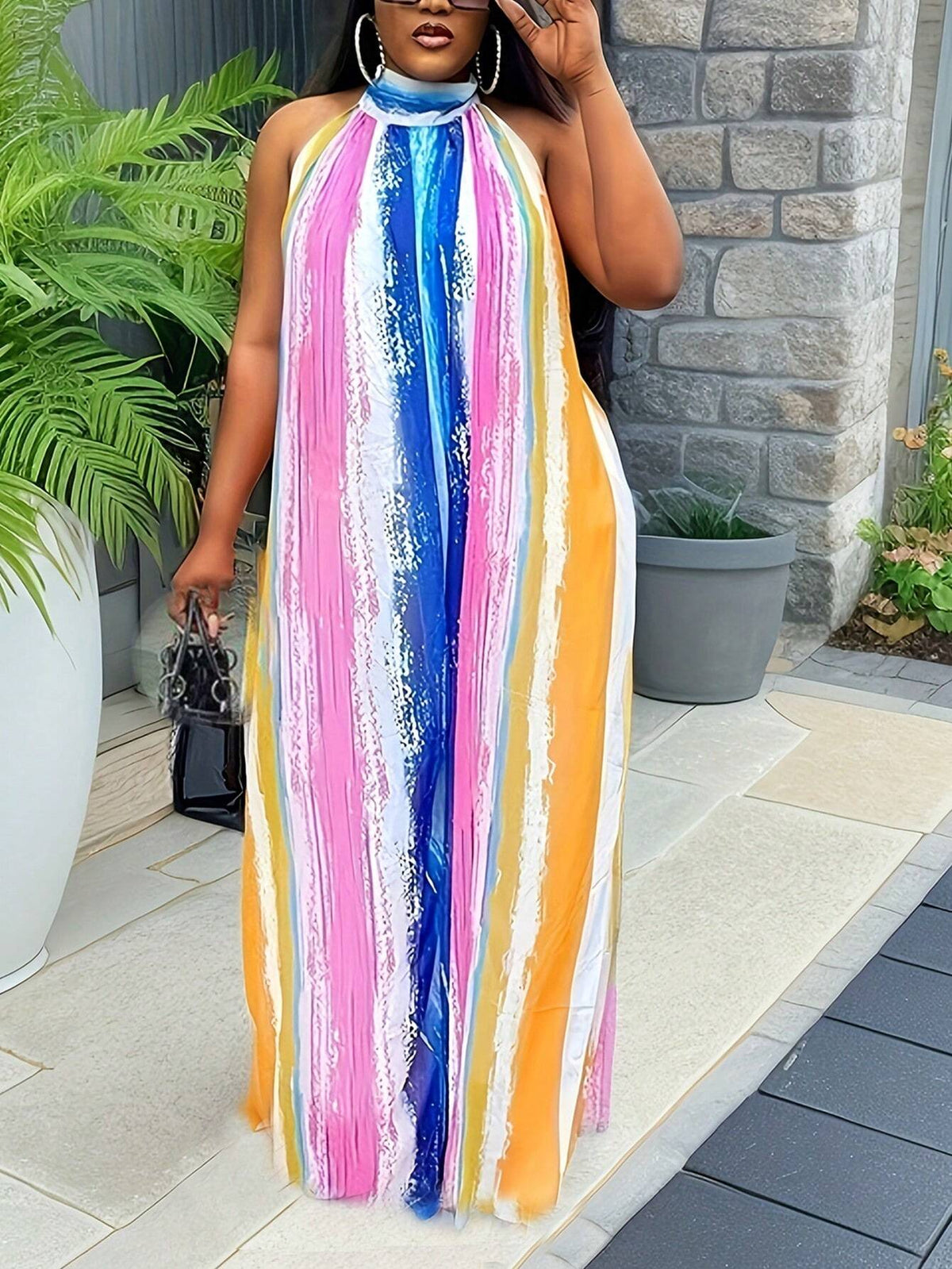 Women's Summer Holiday Long Striped Halterneck Casual Dress