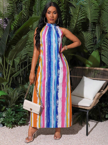 Women's Summer Holiday Long Striped Halterneck Casual Dress