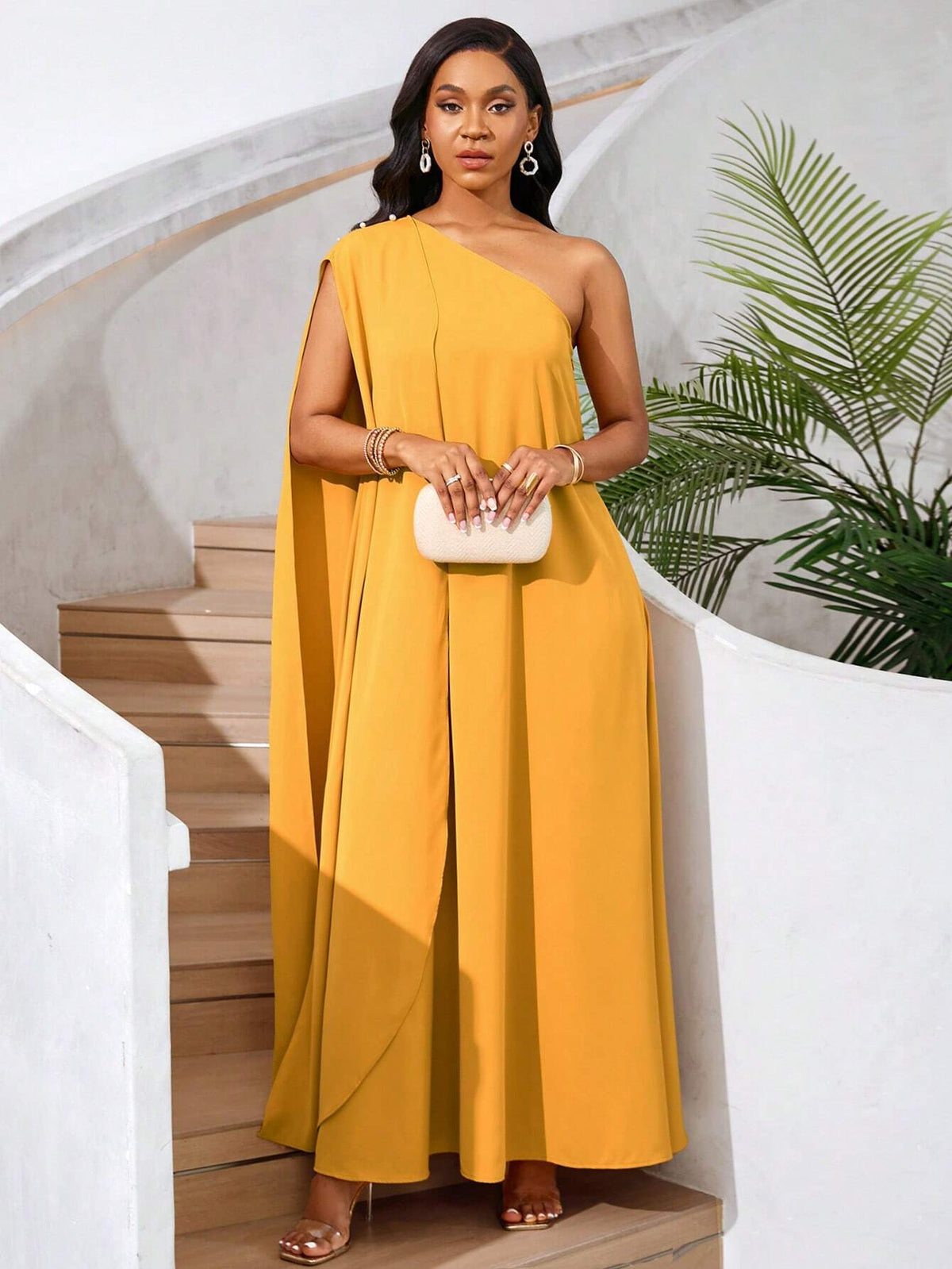 Women's Summer Sexy Oblique Shoulder Slit Solid Color Fashion Elegant Dress, Long Casual Yellow