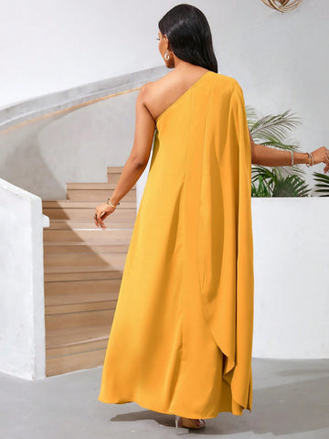 Women's Summer Sexy Oblique Shoulder Slit Solid Color Fashion Elegant Dress, Long Casual Yellow