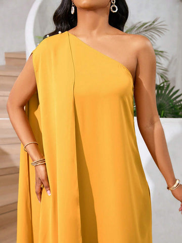 Women's Summer Sexy Oblique Shoulder Slit Solid Color Fashion Elegant Dress, Long Casual Yellow