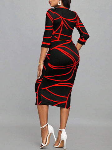 Women's Summer Slim Fit Elegant Dress With Line Pattern Print, Round Neckline And 3/4 Sleeve