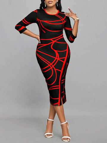 Women's Summer Slim Fit Elegant Dress With Line Pattern Print, Round Neckline And 3/4 Sleeve