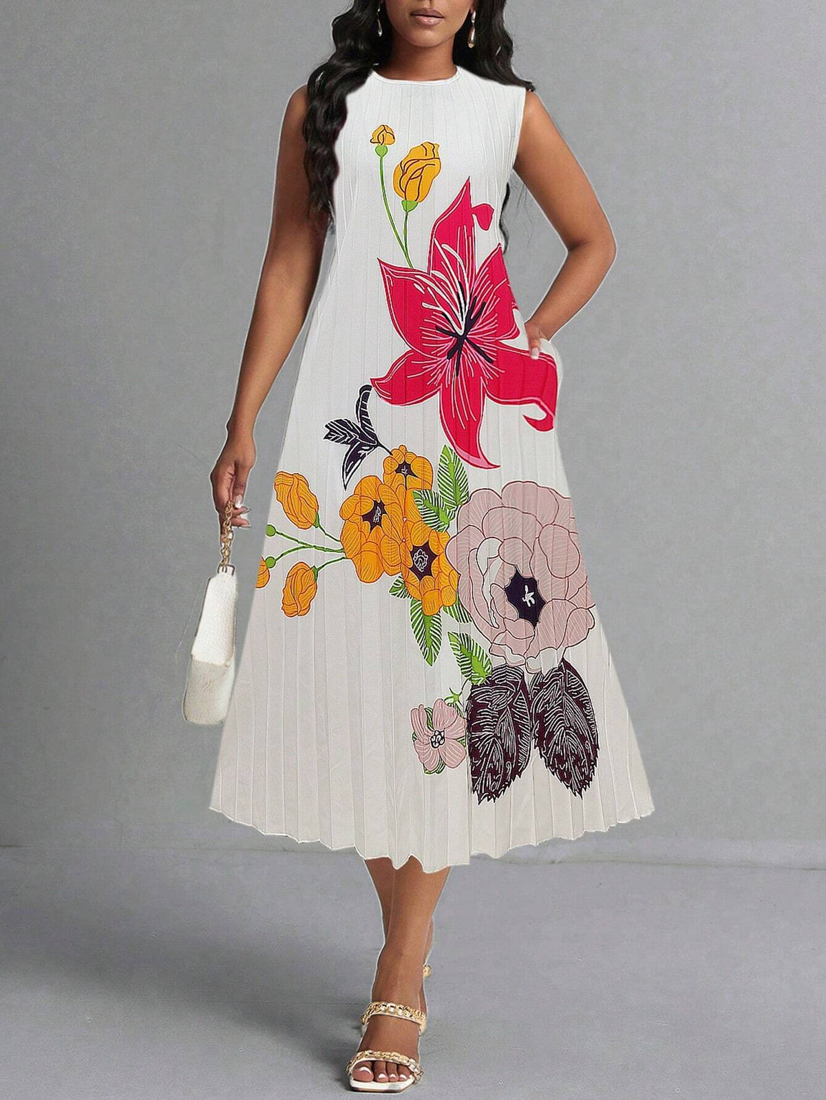 Women's Summer Vacation Floral Printed Sleeveless Dress With Round Neck