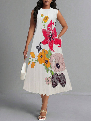 Women's Summer Vacation Floral Printed Sleeveless Dress With Round Neck