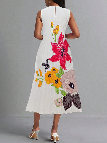 Women's Summer Vacation Floral Printed Sleeveless Dress With Round Neck