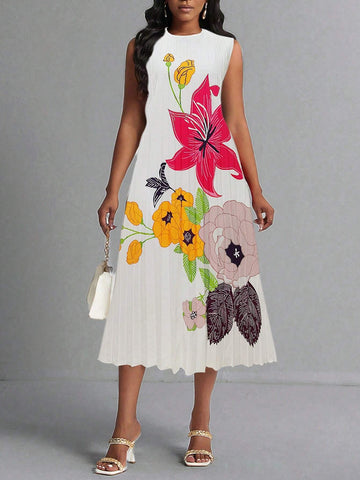 Women's Summer Vacation Floral Printed Sleeveless Dress With Round Neck