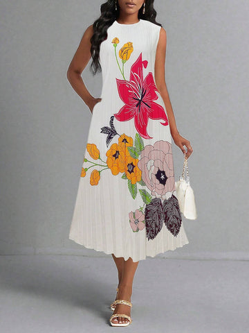 Women's Summer Vacation Floral Printed Sleeveless Dress With Round Neck