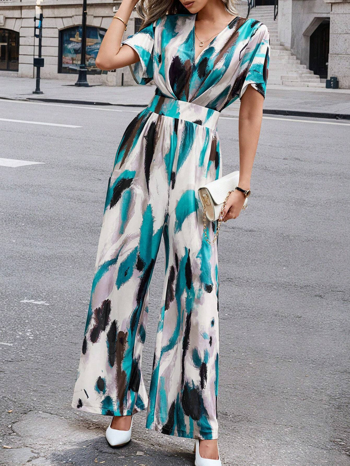 Women's Tie-Dye Print V-Neck Short-Sleeve Wide Leg Elegant Jumpsuit(Random Color)