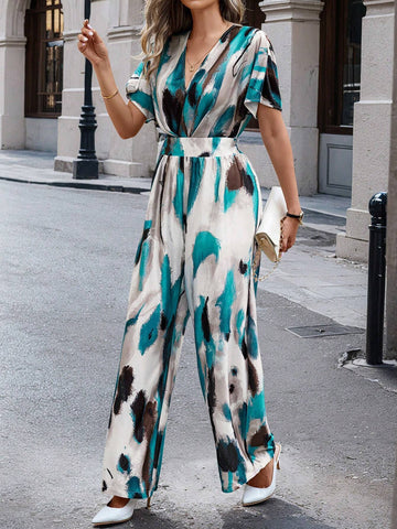 Women's Tie-Dye Print V-Neck Short-Sleeve Wide Leg Elegant Jumpsuit(Random Color)