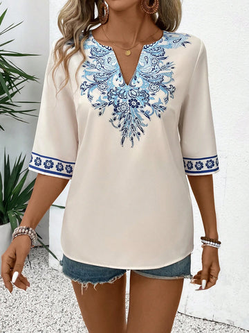 Lady Women's V-Neck Casual Half Sleeve Regular Fit Holiday Shirt