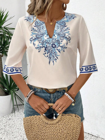 Lady Women's V-Neck Casual Half Sleeve Regular Fit Holiday Shirt