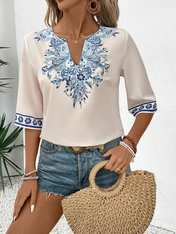 Lady Women's V-Neck Casual Half Sleeve Regular Fit Holiday Shirt