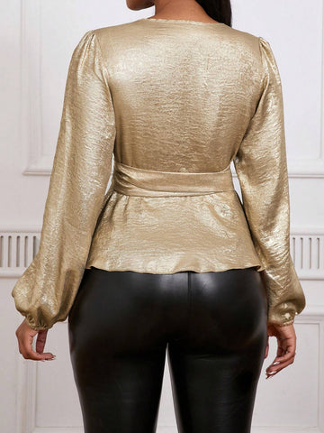 Lady Women's V-Neck Long Sleeve Bow-Tie Waist Elegant Twist Blouse