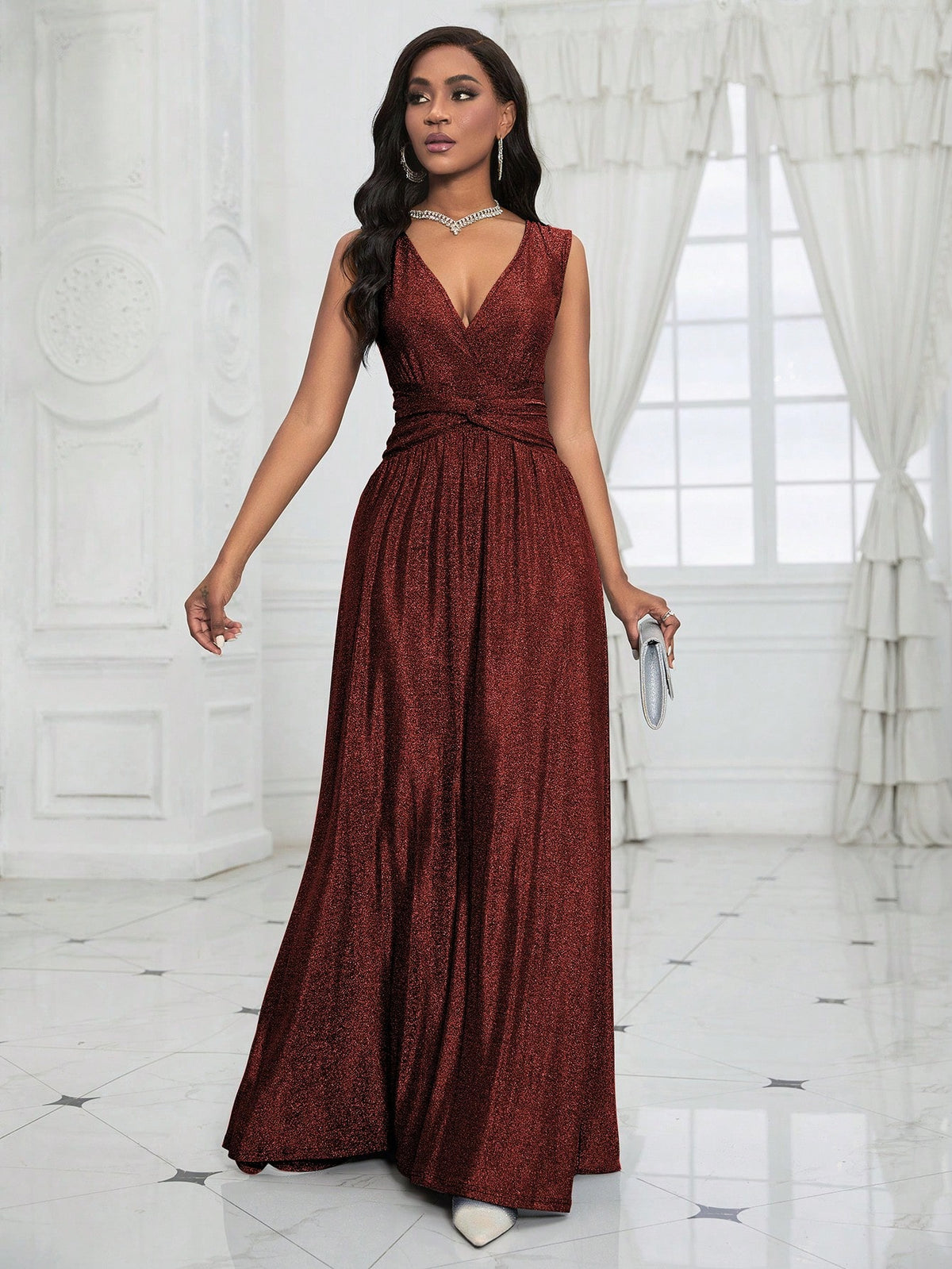Women's V-Neck Waist Twist Sleeveless Midi Dress