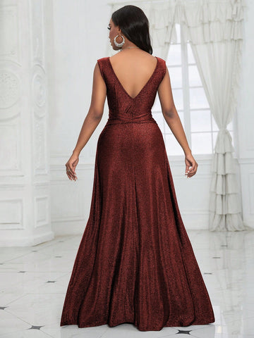Women's V-Neck Waist Twist Sleeveless Midi Dress