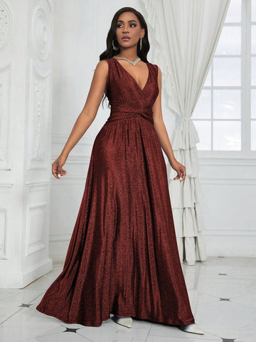 Women's V-Neck Waist Twist Sleeveless Midi Dress