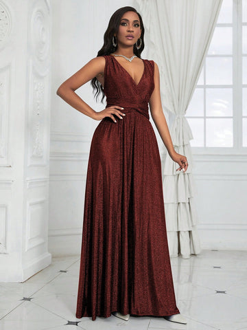 Women's V-Neck Waist Twist Sleeveless Midi Dress
