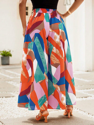 Lady Women's Vacation Casual Contrast Color Printed Wide Leg Pants