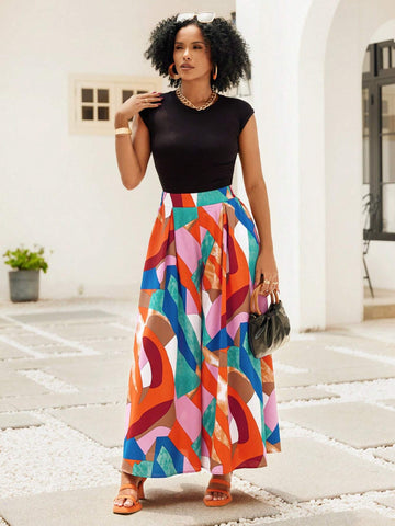 Lady Women's Vacation Casual Contrast Color Printed Wide Leg Pants