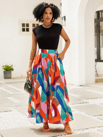 Lady Women's Vacation Casual Contrast Color Printed Wide Leg Pants
