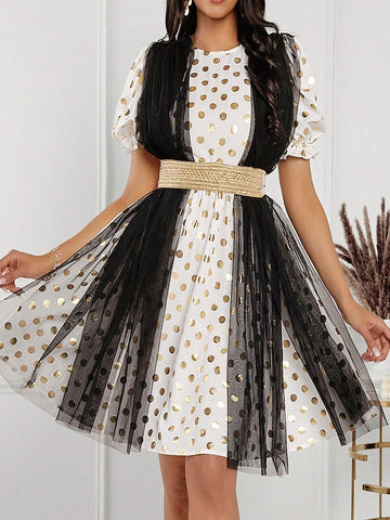 Women's White & Golden Dot Jacquard Fabric Patchwork Mesh Bowknot Belted Summer Dress