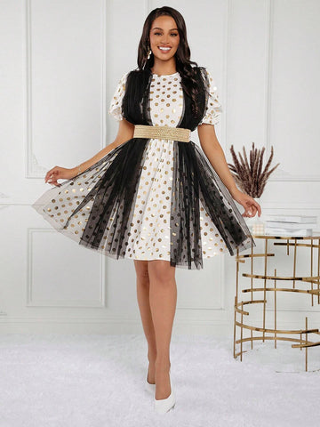 Women's White & Golden Dot Jacquard Fabric Patchwork Mesh Bowknot Belted Summer Dress