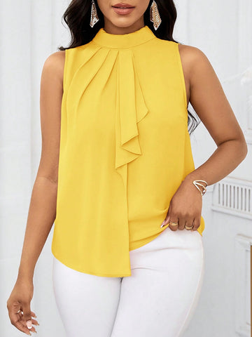 Lady Women's Yellow Ruffled Open Shoulder Short Blouse Top,
