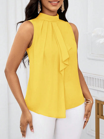 Lady Women's Yellow Ruffled Open Shoulder Short Blouse Top,