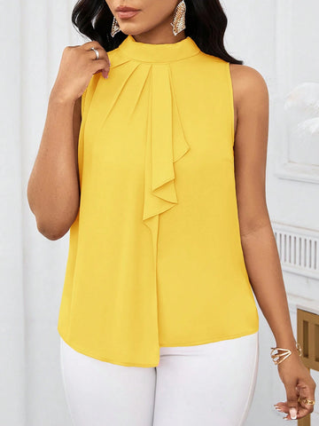 Lady Women's Yellow Ruffled Open Shoulder Short Blouse Top,