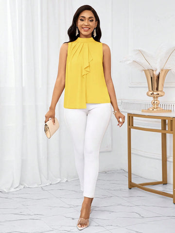 Lady Women's Yellow Ruffled Open Shoulder Short Blouse Top,