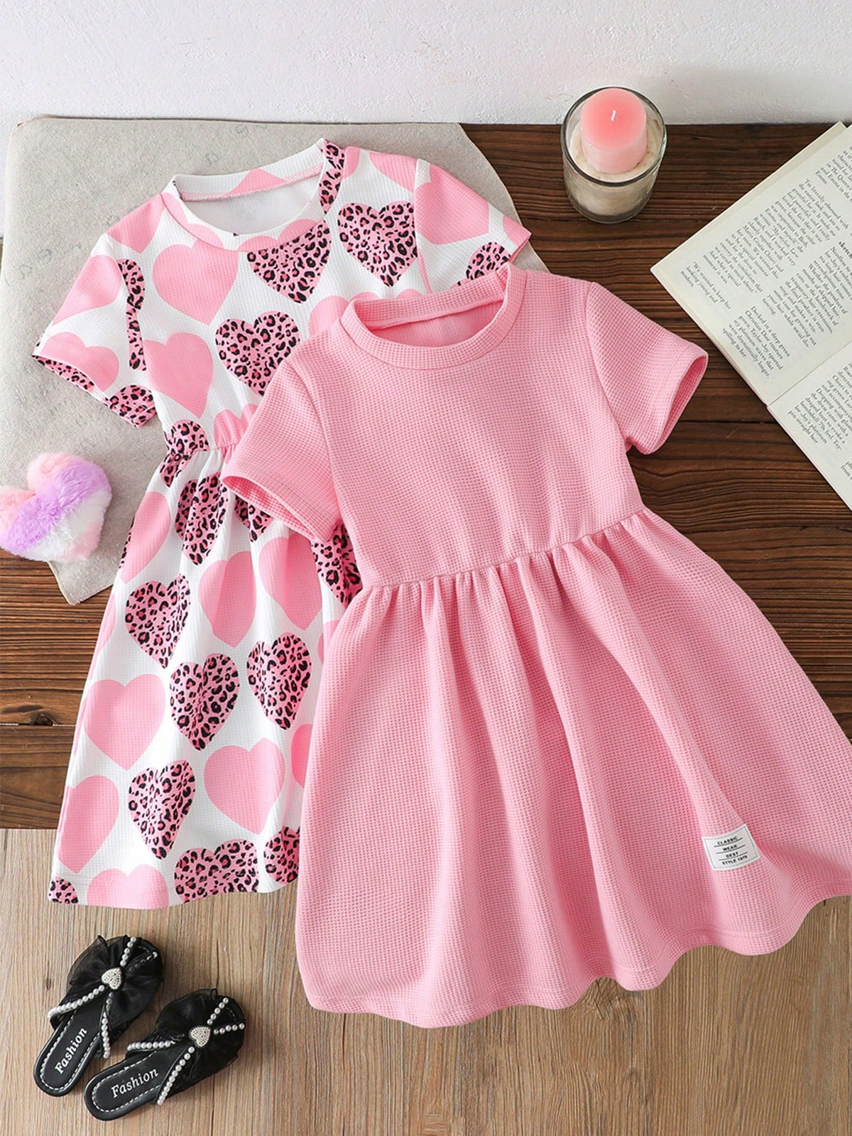 Leopard Print & Heart Pattern Round Neck Short Sleeve Casual Young Girl Dress