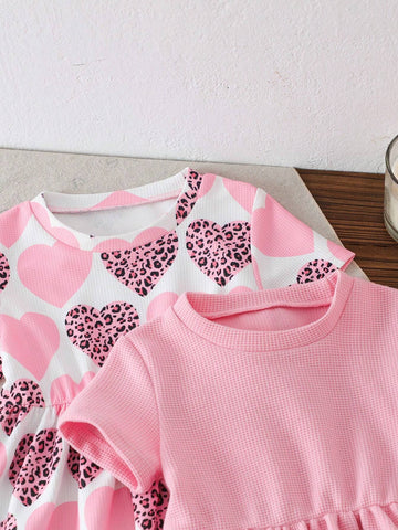 Leopard Print & Heart Pattern Round Neck Short Sleeve Casual Young Girl Dress