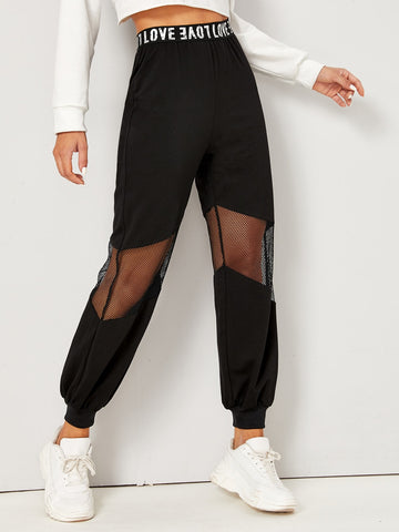 Letter Graphic Waist Fishnet Panel Pants