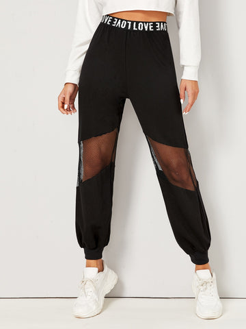 Letter Graphic Waist Fishnet Panel Pants