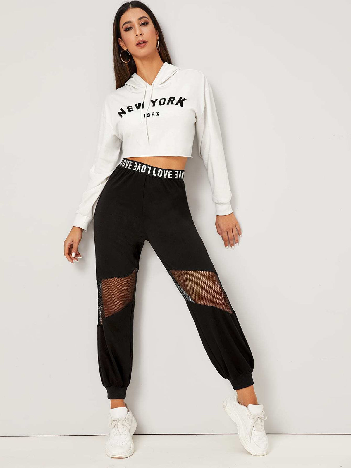 Letter Graphic Waist Fishnet Panel Pants